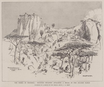 Le Soulèvement en Rhodésie, Infanterie montée attaquant un Kraal dans la chaîne de Selundi - Charles Edwin Fripp
